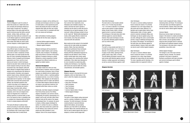 Sample pages from 'The Art of Weapons'; armed and unarmed self-defense involving common weapons; one in a series of remarkable books that provide an in-depth look at the core concepts and techniques shared by a broad range of martial arts styles. Contains over 350 practical techniques organized into in-depth chapters on the knife, short-stick, staff, cane, rope, common objects, and defense against handgun.