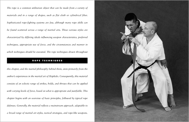 Sample pages from 'The Art of Weapons'; armed and unarmed self-defense involving common weapons; one in a series of remarkable books that provide an in-depth look at the core concepts and techniques shared by a broad range of martial arts styles. Contains over 350 practical techniques organized into in-depth chapters on the knife, short-stick, staff, cane, rope, common objects, and defense against handgun.