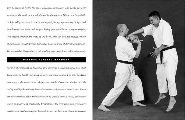 Sample pages from 'The Art of Weapons'; armed and unarmed self-defense involving common weapons; one in a series of remarkable books that provide an in-depth look at the core concepts and techniques shared by a broad range of martial arts styles. Contains over 350 practical techniques organized into in-depth chapters on the knife, short-stick, staff, cane, rope, common objects, and defense against handgun.