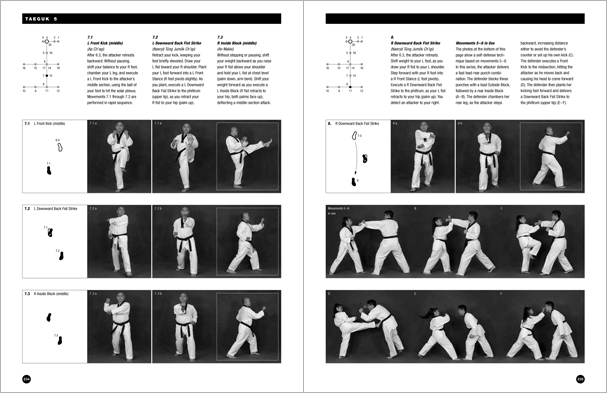 Sample pages from 'Taekwondo: Complete WTF Forms', an in-depth look at Taekwondo's most popular forms systems: Palgwae, Taeguk, and WTF Black Belt. Includes footwork diagrams and self-defense use.