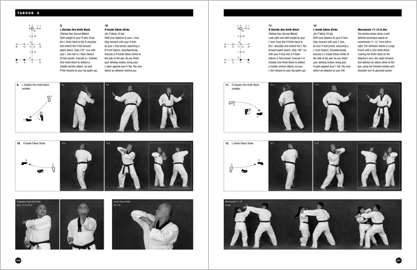 Sample pages from 'Taekwondo: Complete WTF Forms', an in-depth look at Taekwondo's most popular forms systems: Palgwae, Taeguk, and WTF Black Belt. Includes footwork diagrams and self-defense use.