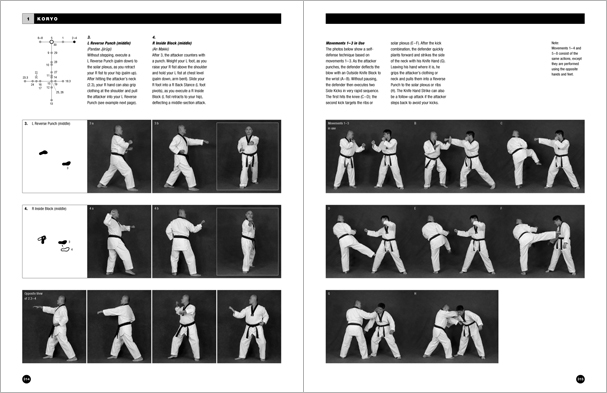 Sample pages from 'Taekwondo: Complete WTF Forms', an in-depth look at Taekwondo's most popular forms systems: Palgwae, Taeguk, and WTF Black Belt. Includes footwork diagrams and self-defense use.