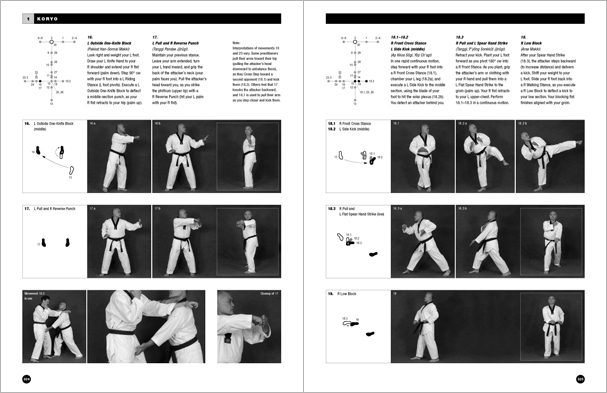 Sample pages from 'Taekwondo: Complete WTF Forms', an in-depth look at Taekwondo's most popular forms systems: Palgwae, Taeguk, and WTF Black Belt. Includes footwork diagrams and self-defense use.