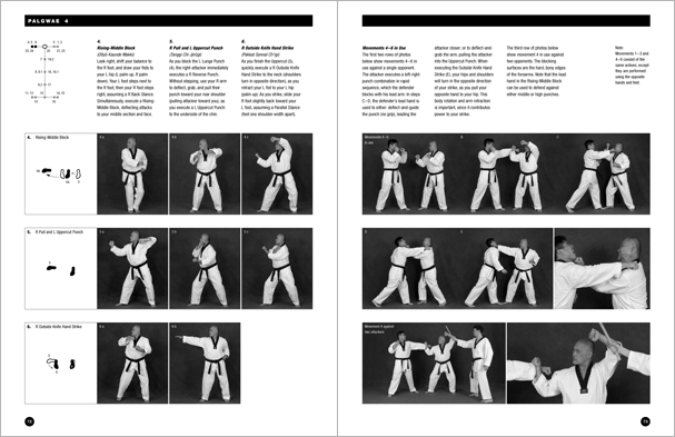 Sample pages from 'Taekwondo: Complete WTF Forms', an in-depth look at Taekwondo's most popular forms systems: Palgwae, Taeguk, and WTF Black Belt. Includes footwork diagrams and self-defense use.